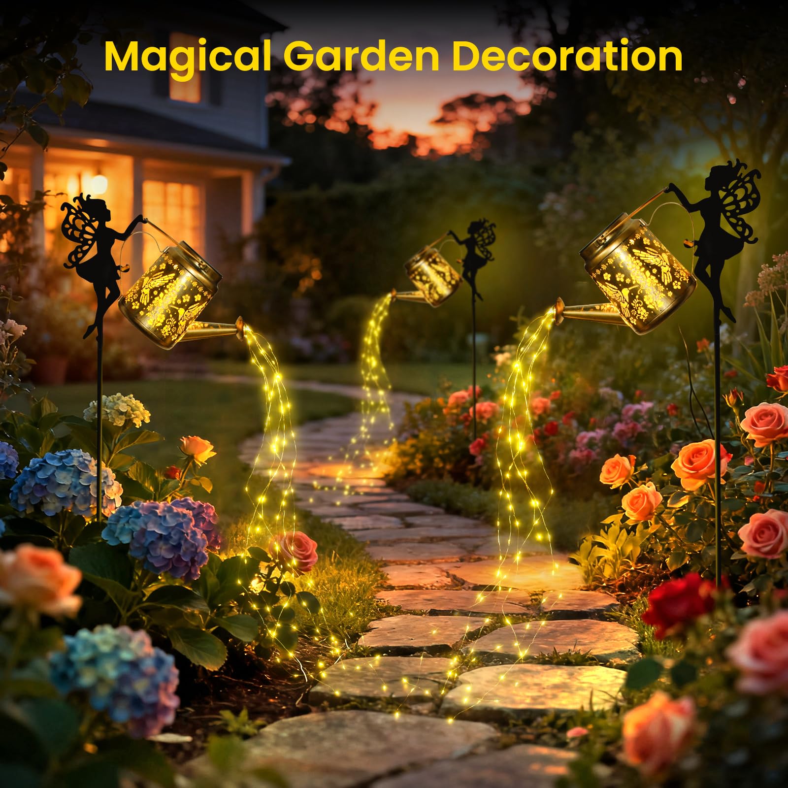 X-PREK fairy garden light with watering can glow over blooms