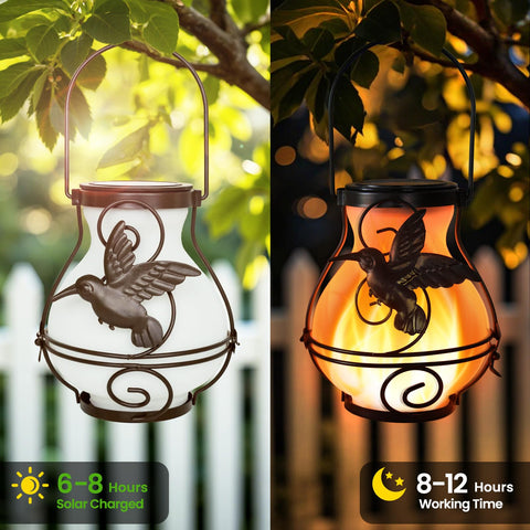 X-PREK solar flame lantern lights automatically for evenings outdoors.