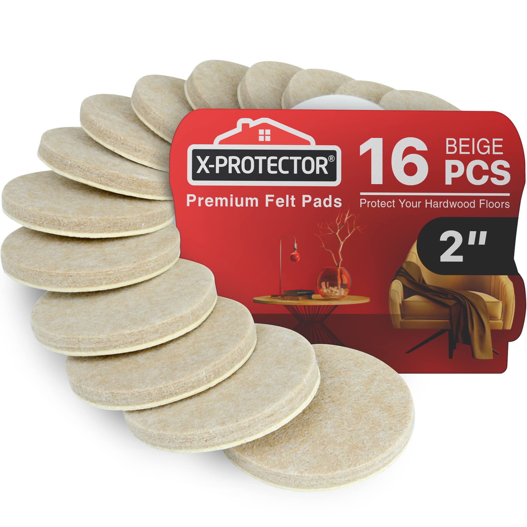 X-Protector 16 heavy-duty felt pads on 2-inch round bases protect floors from scratches.