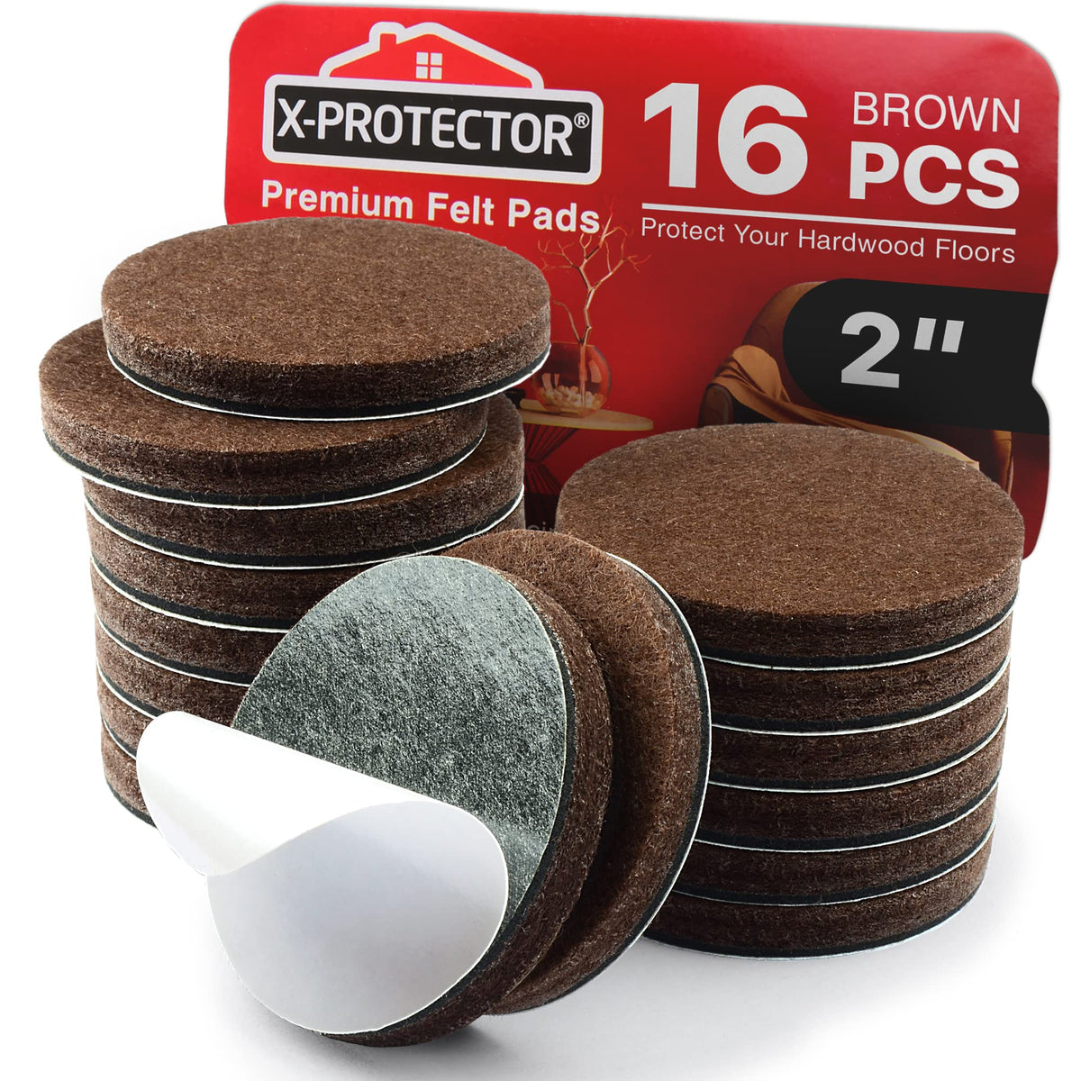 X-Protector 16 heavy-duty round felt pads shield brown floors from scratches