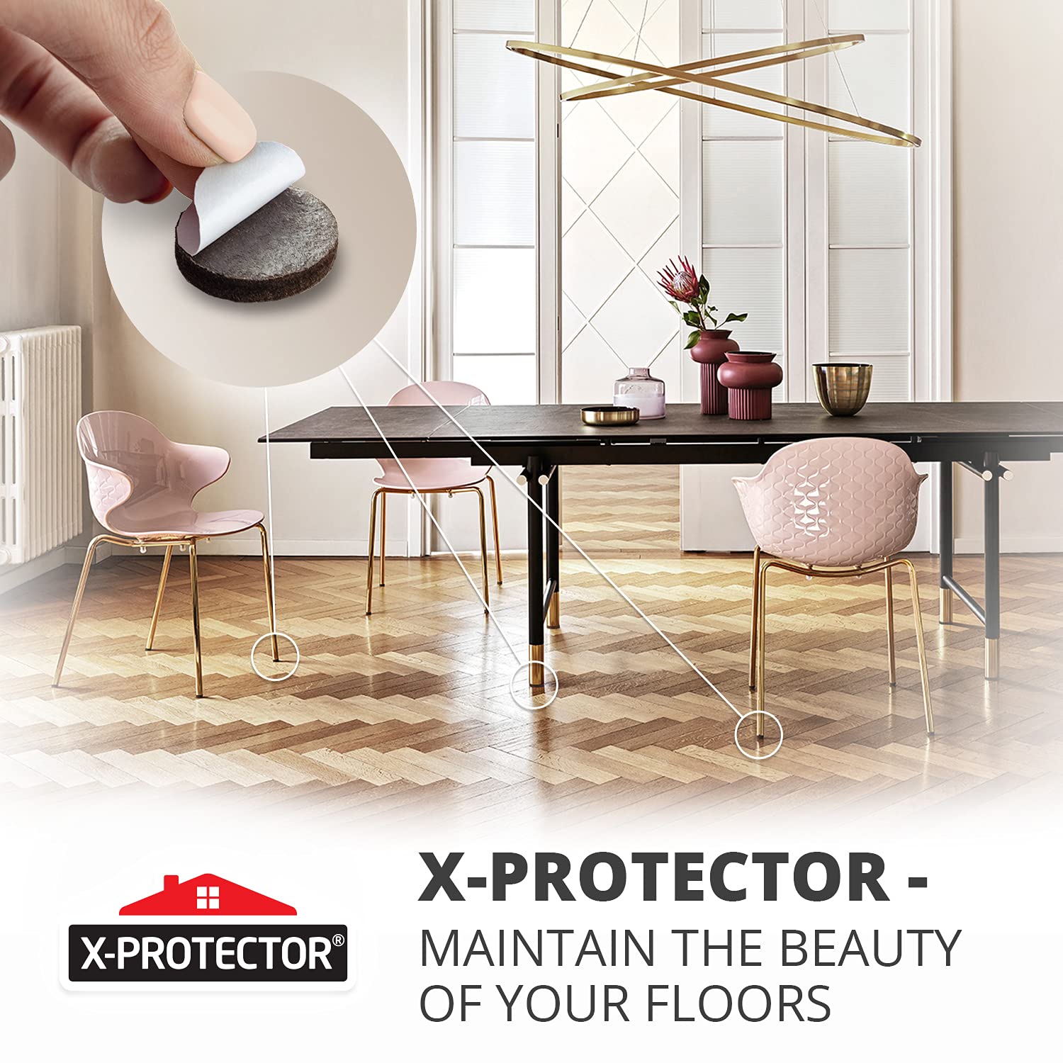 X-Protector 16-pack of furniture pads in packaging and use