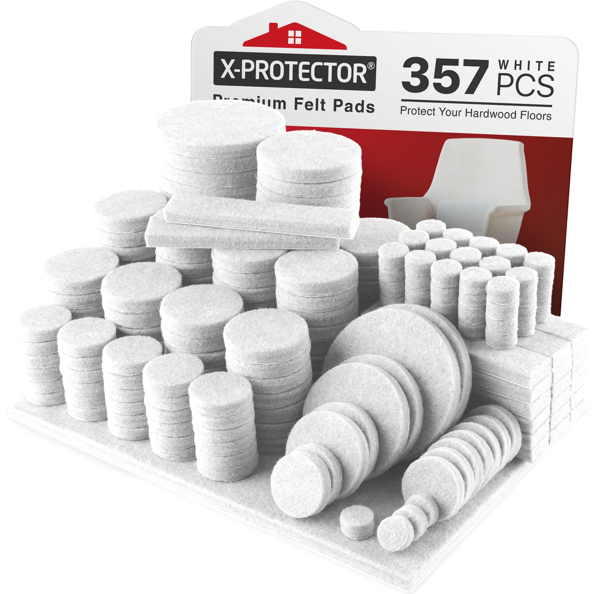 X-Protector 357 pcs white felt pads pack protecting hardwood floors.