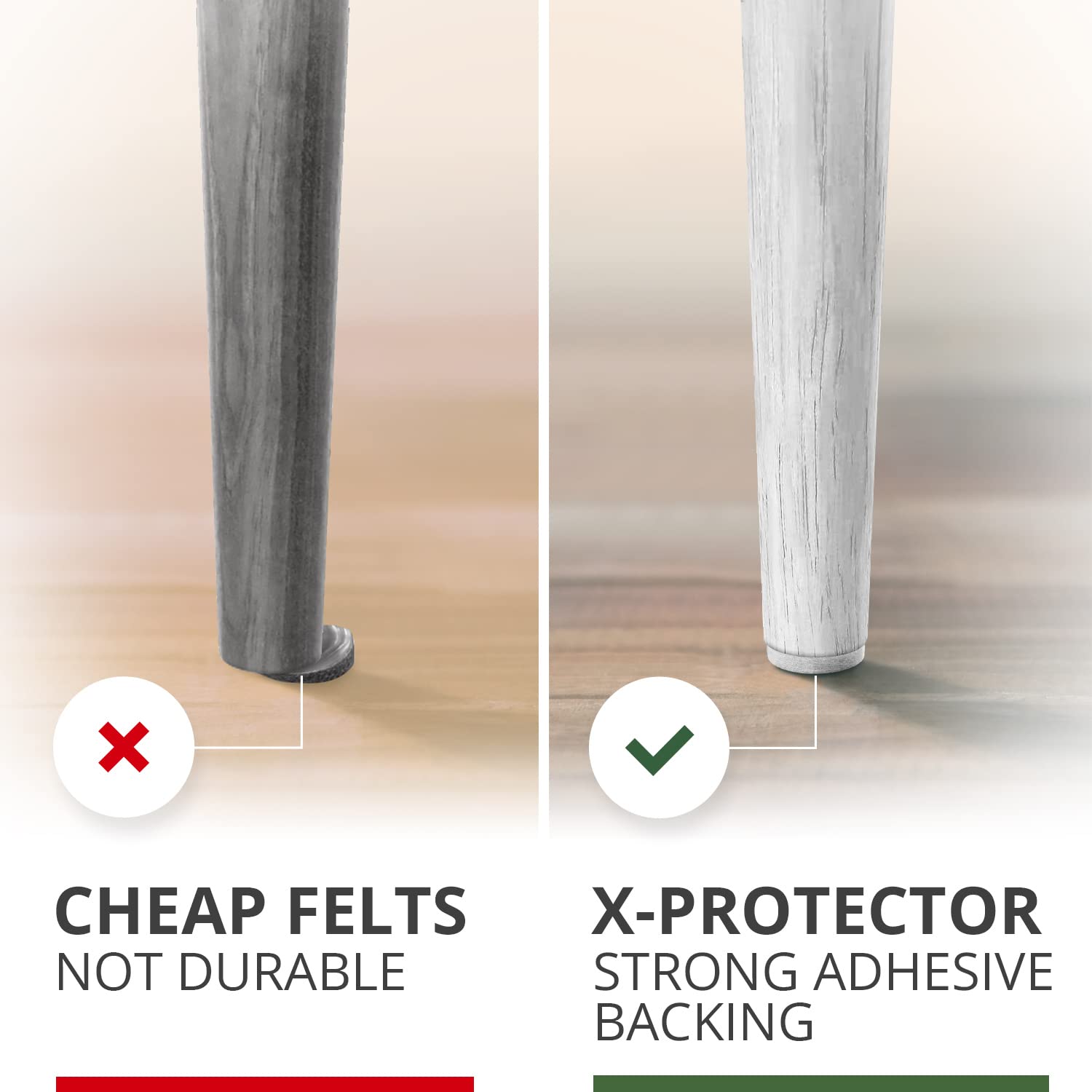 X-Protector adhesive-backed pad applied to furniture feet.