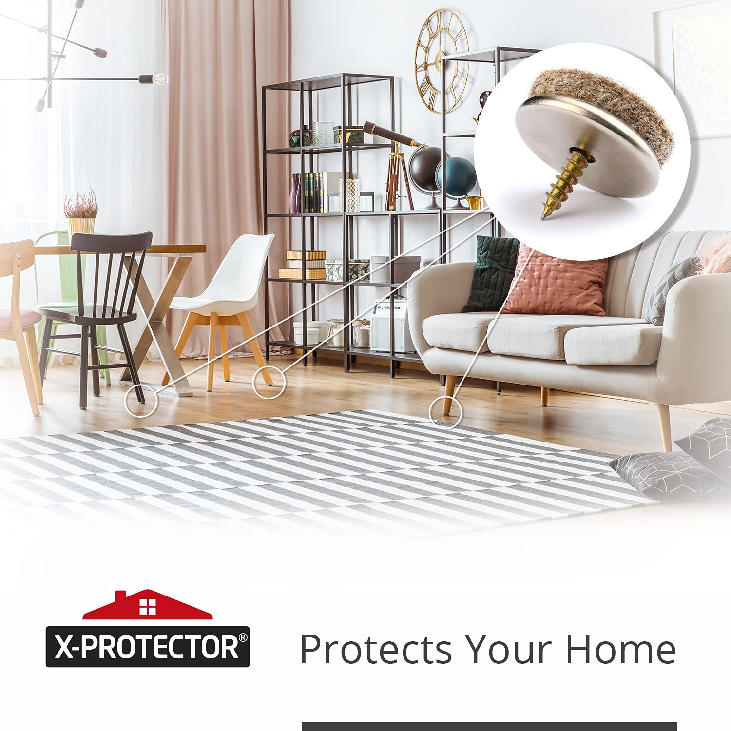 X-Protector beige felt pads in use for quiet movement during chair relocation