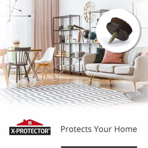 X-Protector chair legs on wood floor show glide action and scratch-free movement.