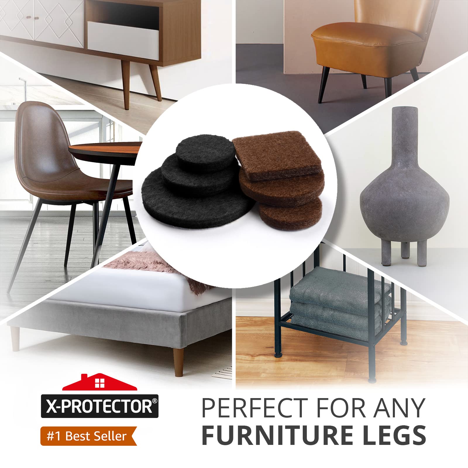 X-Protector brown felt pads prevent scratches and scuffs on wood furniture.