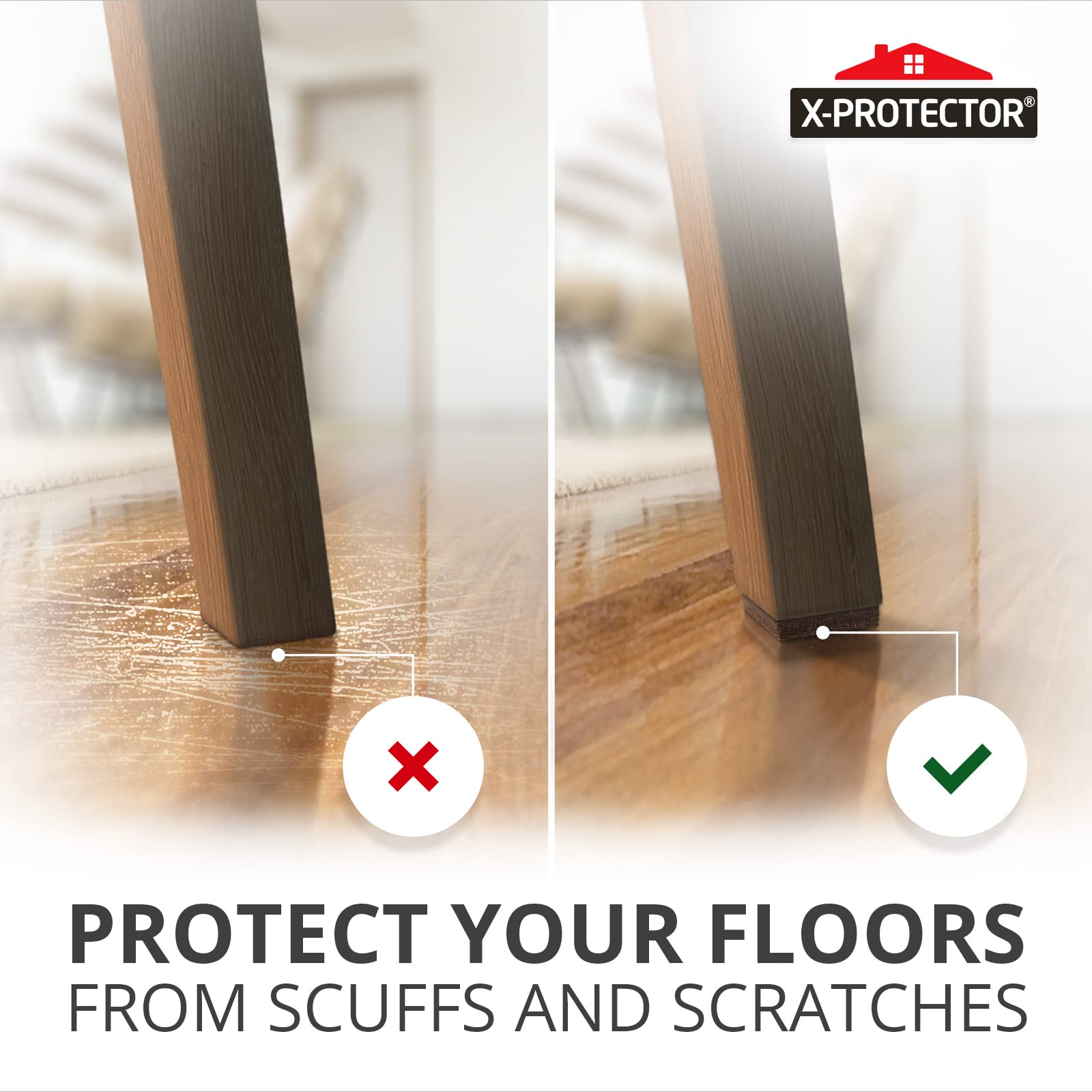 X-Protector floor protection on hardwood showcases scratch-free surfaces.