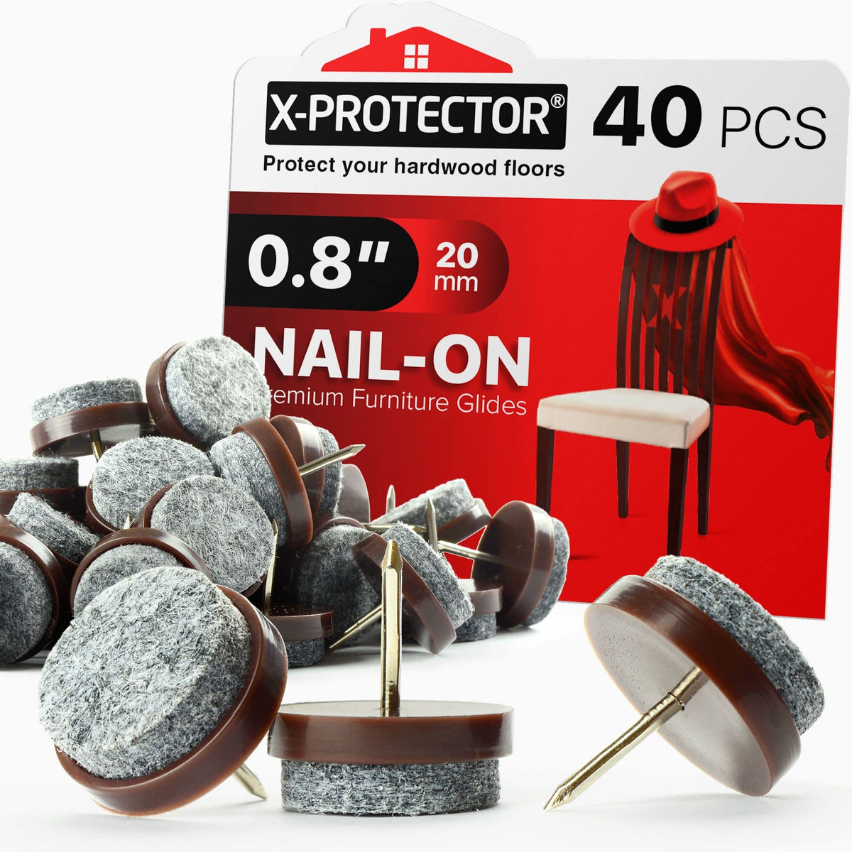 X-Protector nail-on felt pad on chair leg protects hardwood floors from scratches.