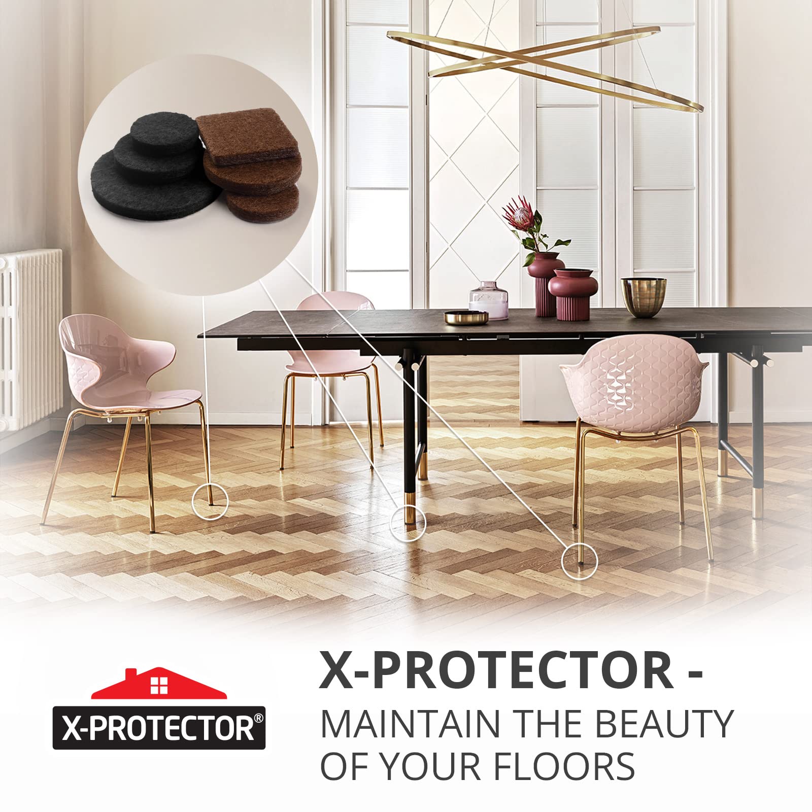 X-Protector packaging shows size options and color variety (brown/black).