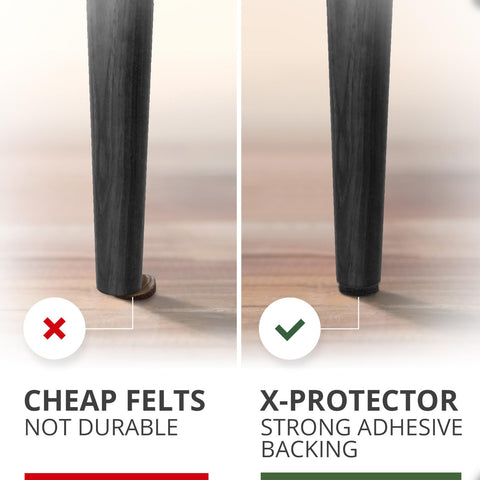 X-Protector thick felt pads with strong adhesive keep furniture secure and floor-safe.