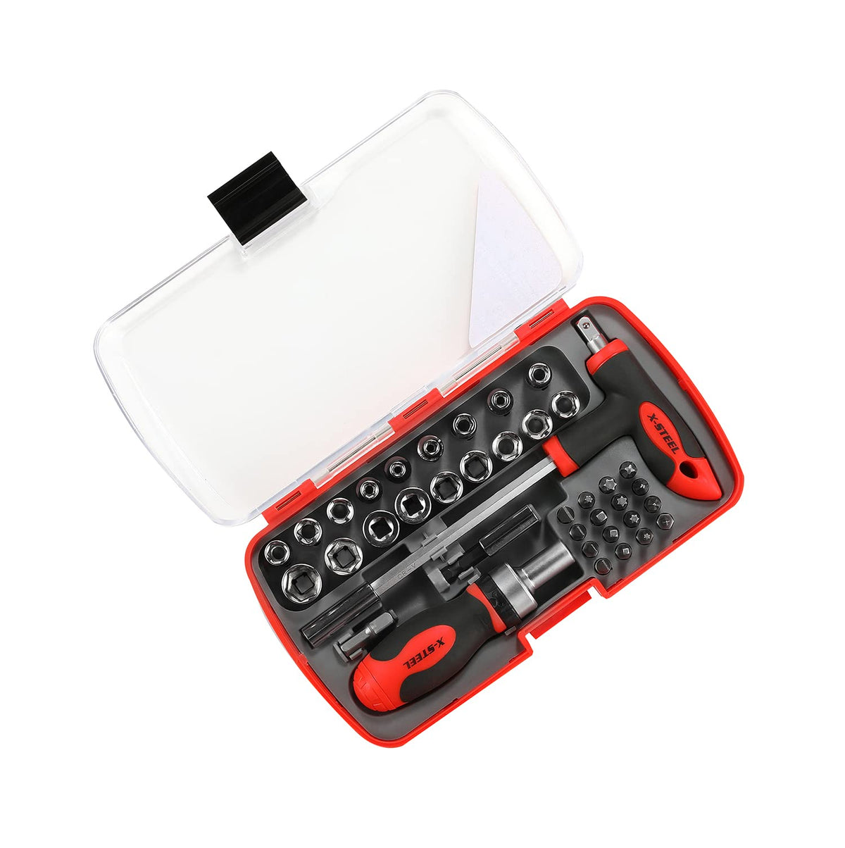 X-STEEL 38-piece set showing magnetic ratchet and heads for heavy-duty tasks