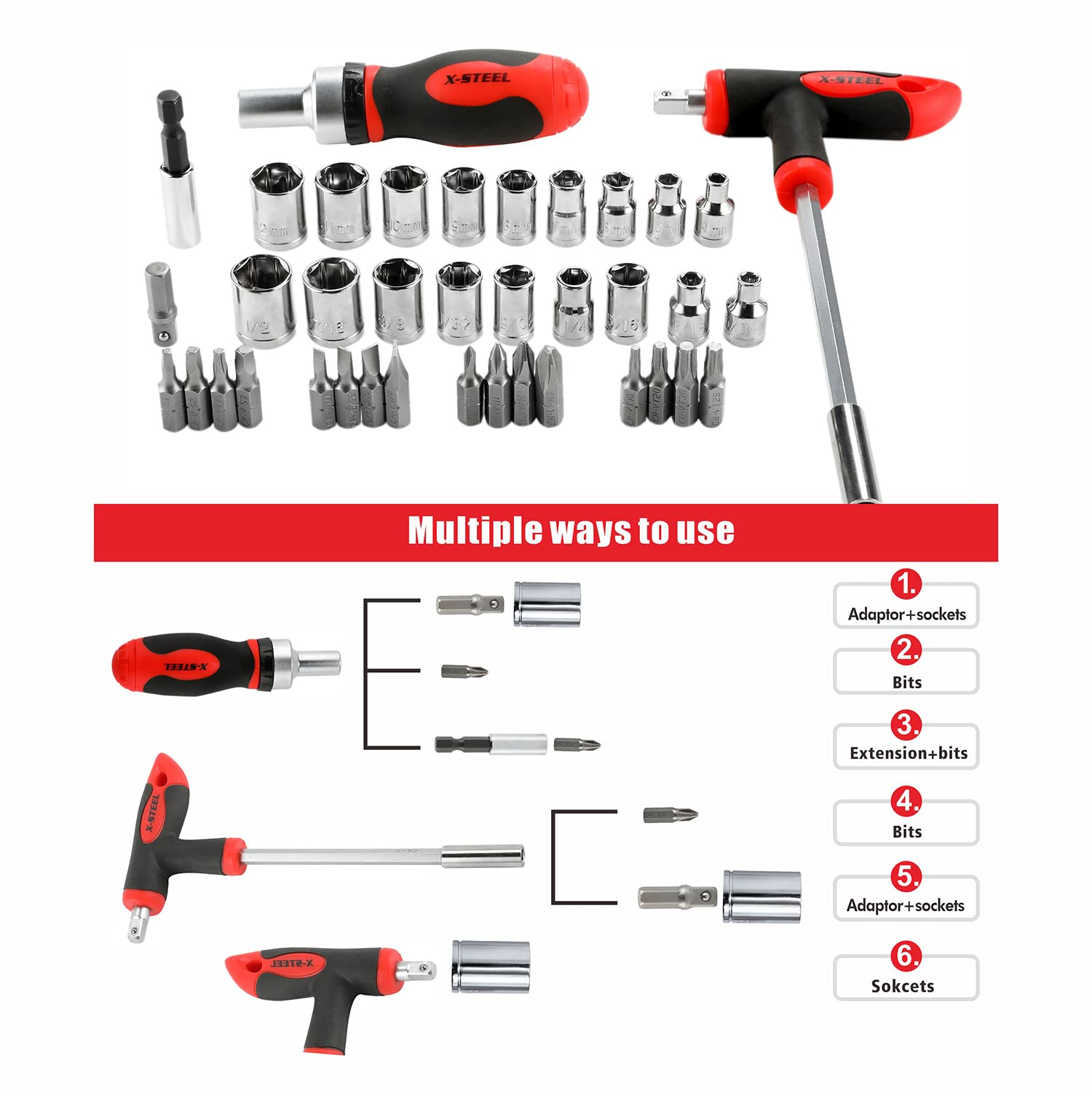 X-STEEL triple-drive kit demonstrates versatile handle configurations