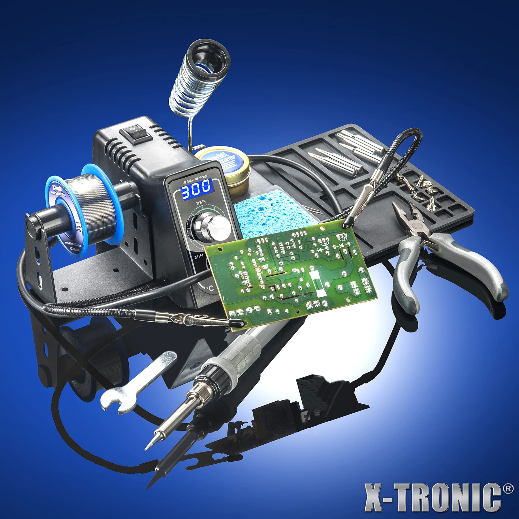 X-Tronic 3020-XTS helping hands stabilizing a small PCB during soldering