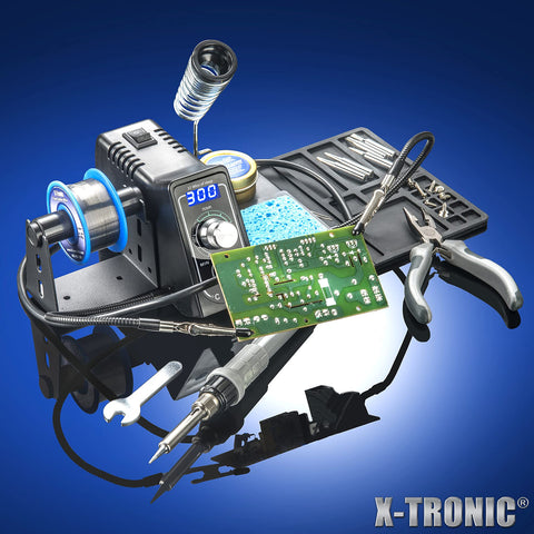 X-Tronic 3020-XTS helping hands stabilizing a small PCB during soldering
