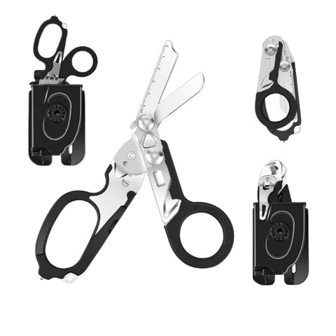 X.I. Products 6-in-1 trauma shears front view with rugged stainless steel for emergencies.