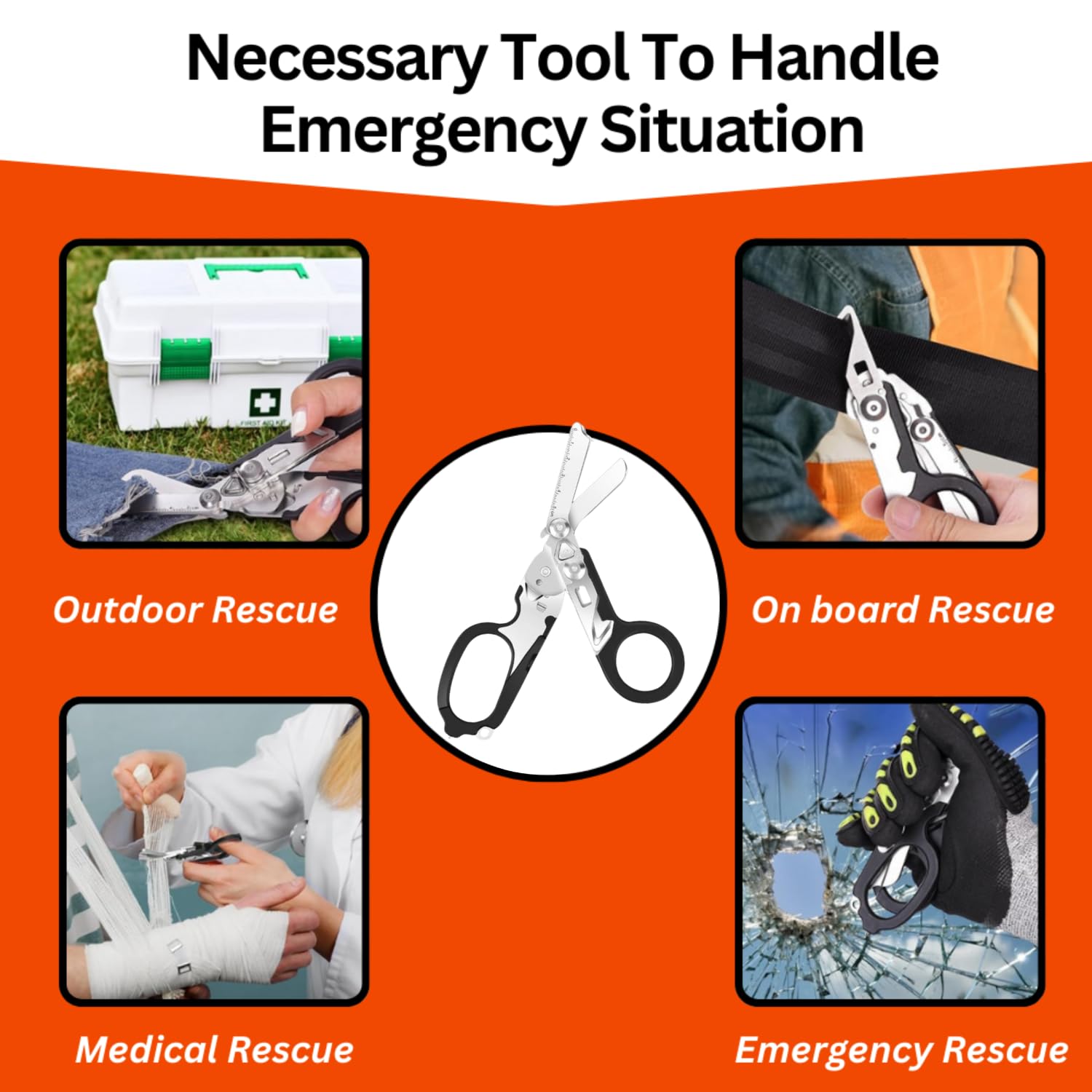 X.I. Products 6-in-1 trauma shears glass breaker feature for emergency breaking.