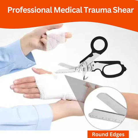 X.I. Products 6-in-1 trauma shears ring cutter feature ready for medical use.