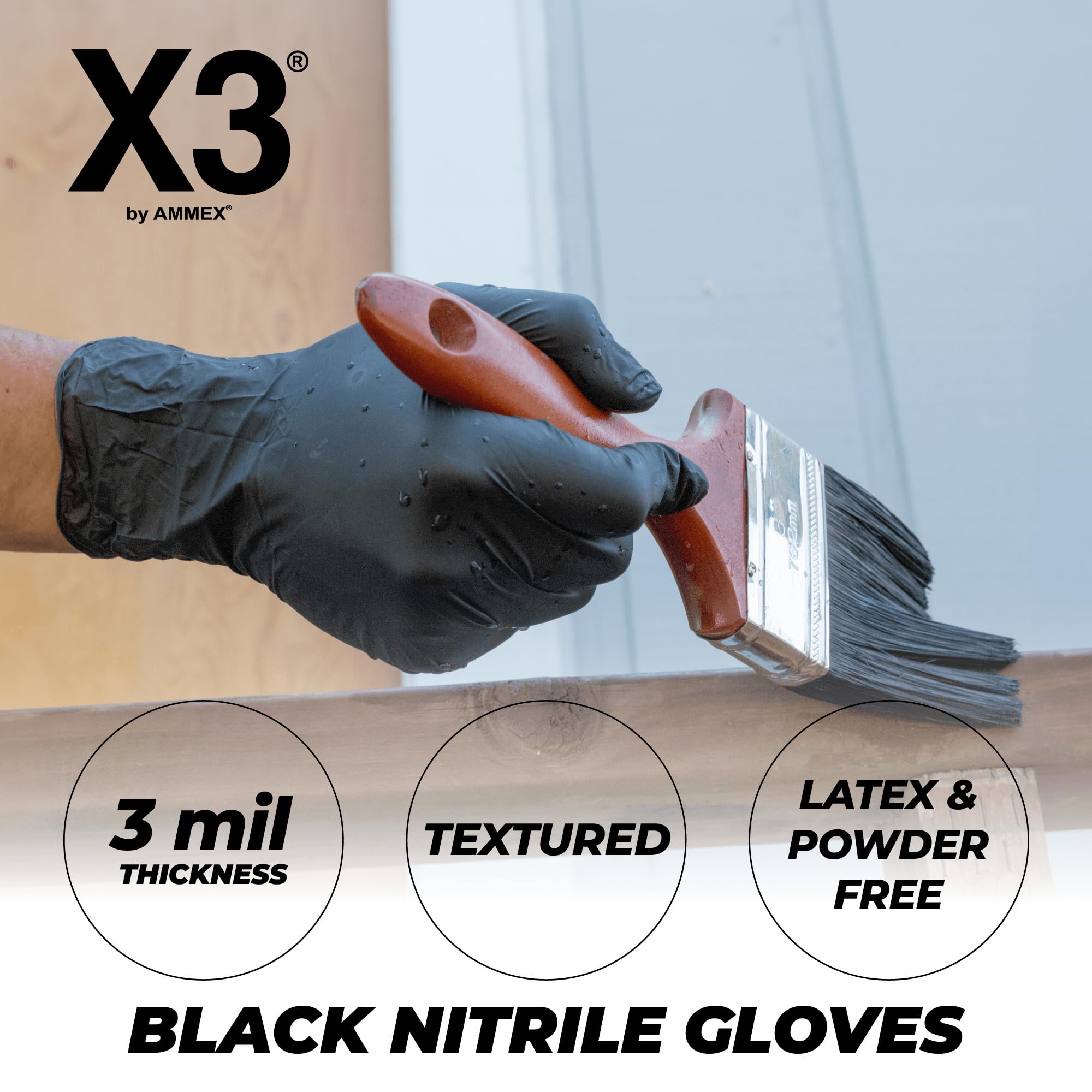 X3 black nitrile gloves med size on hand, comfortable extended fit for larger hands