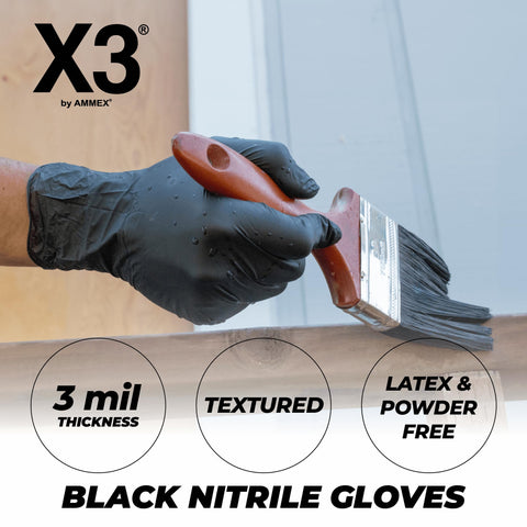 X3 black nitrile gloves med size on hand, comfortable extended fit for larger hands
