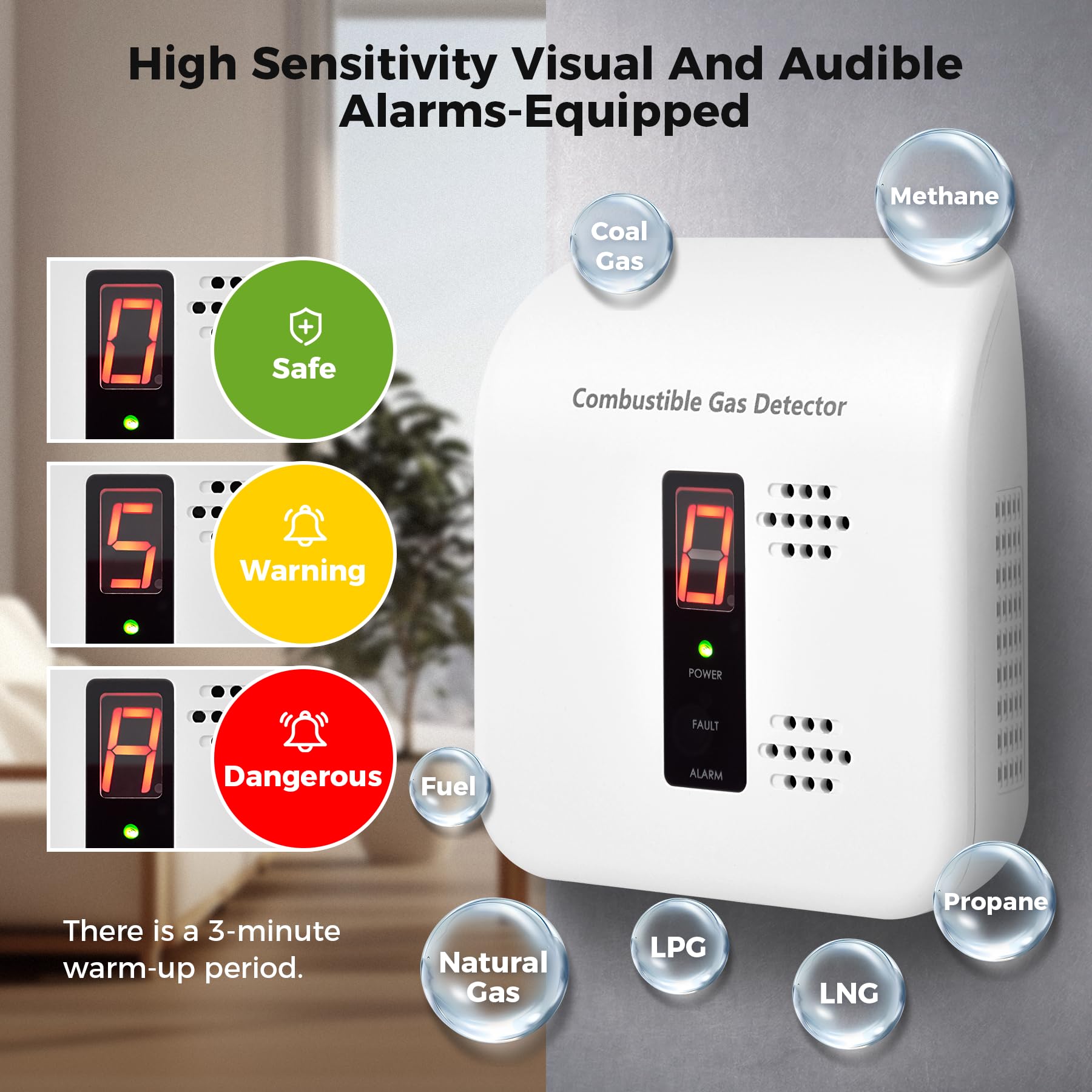 Xalire 85 dB audible alarm activates during gas-leak notifications.