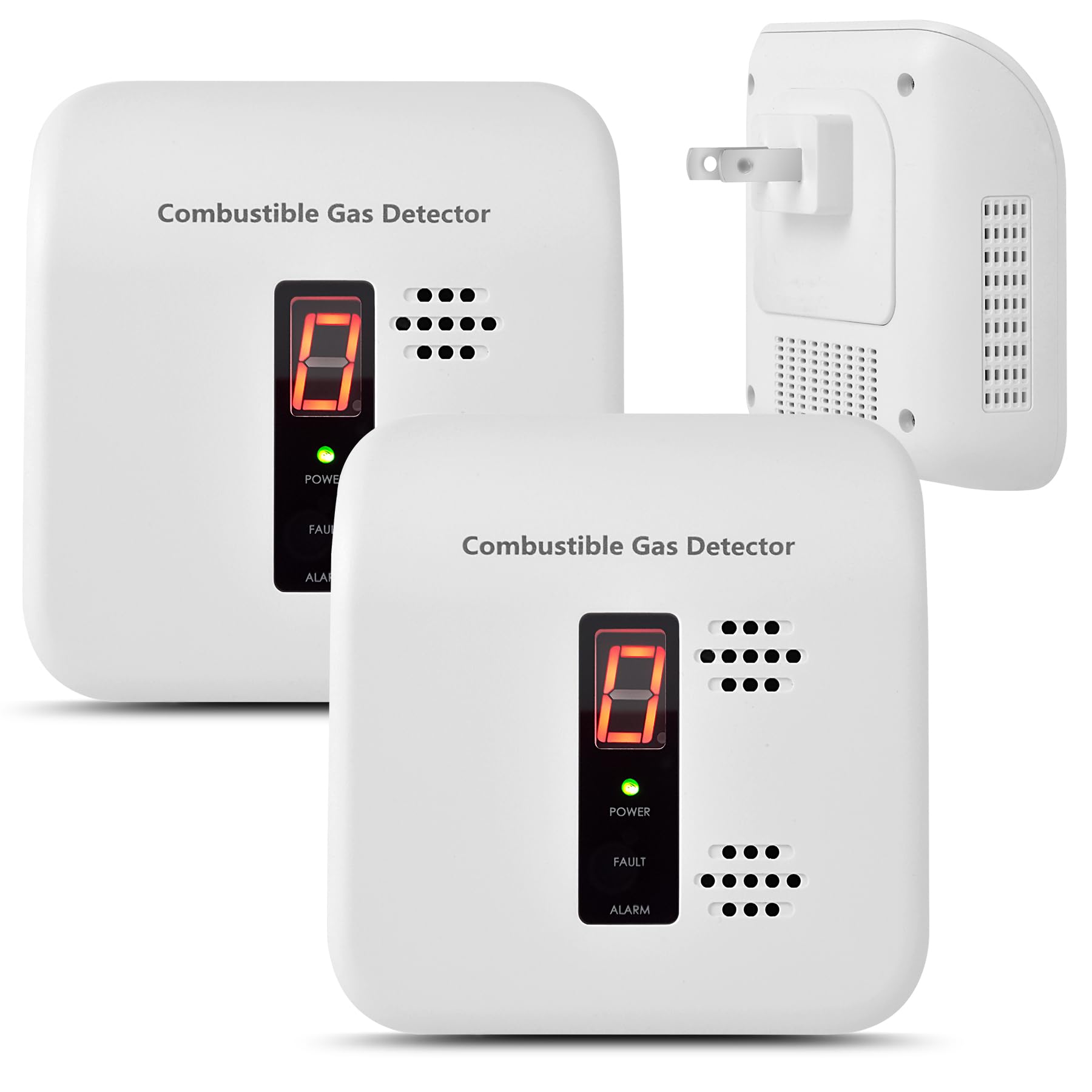 Xalire gas leak detector front view with plug-in design for home safety.