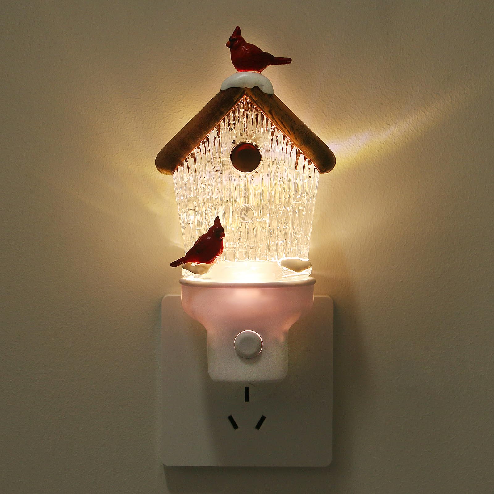 Xanqinluma Christmas Birdhouse Night Light at outlet, festive glow without blocking the second socket.
