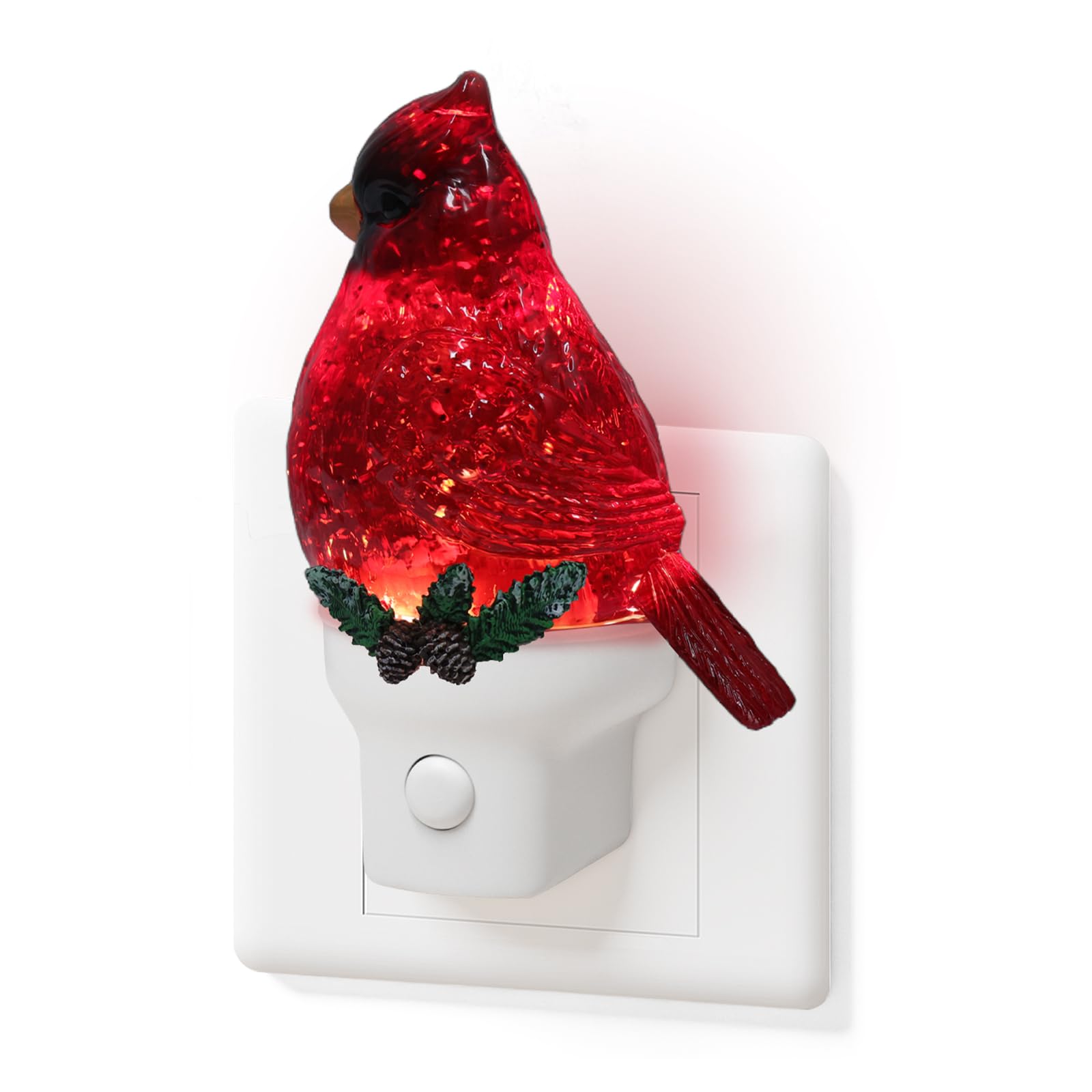 Xanqinluma Christmas Cardinal night light close-up highlighting glitter swirl and cardinal design.