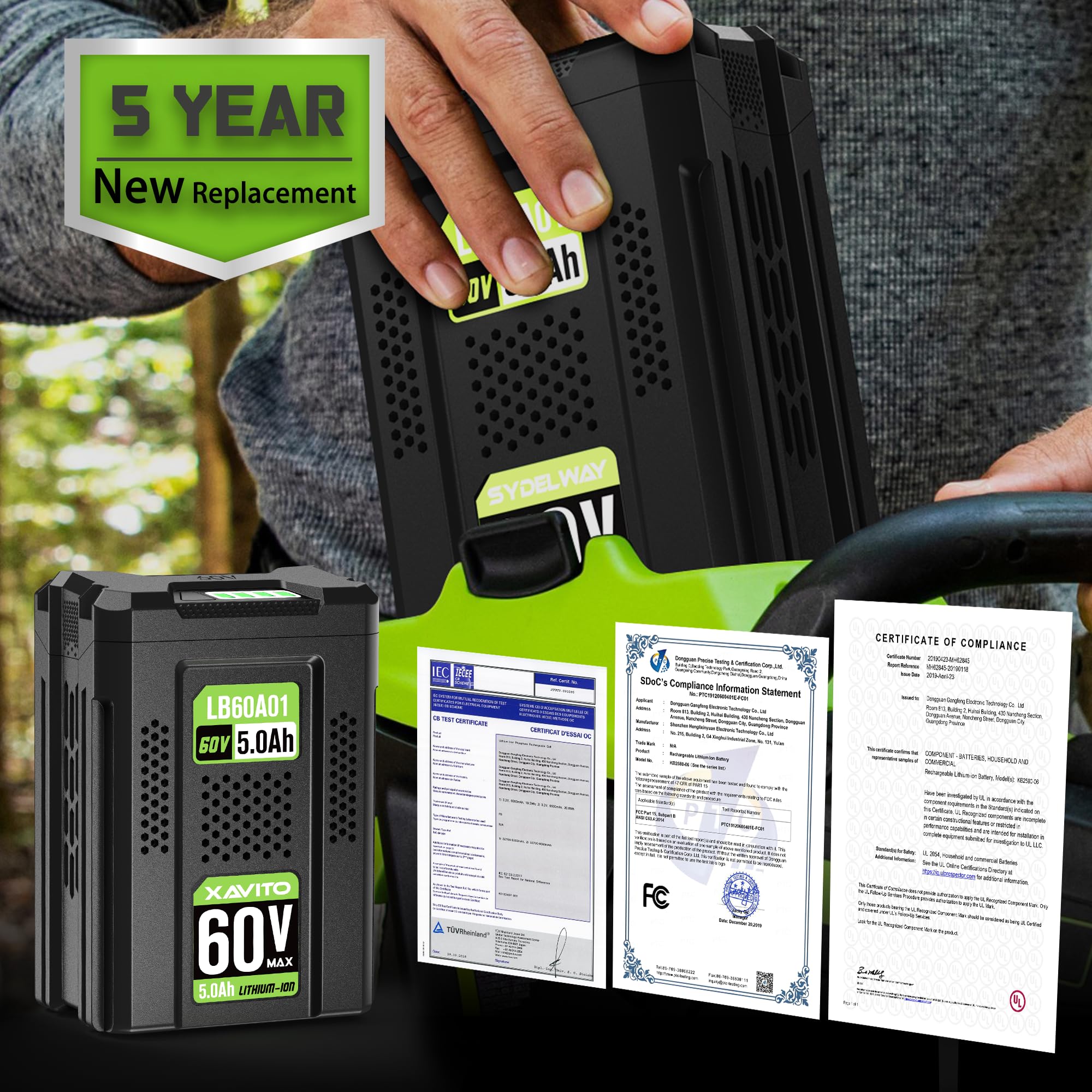 XAVITO certified 60V battery with UL/IEC safety ratings.