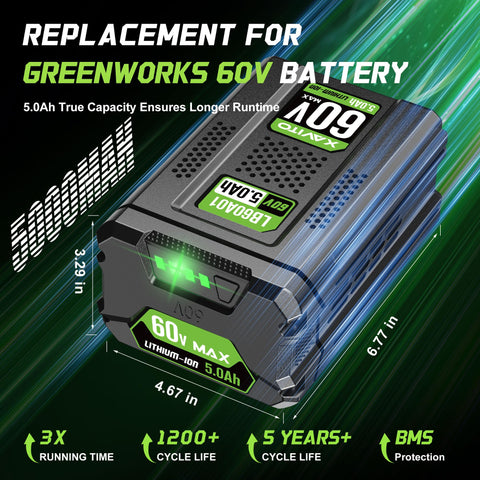 XAVITO Greenworks 60V replacement battery compatible with 75+ tools.