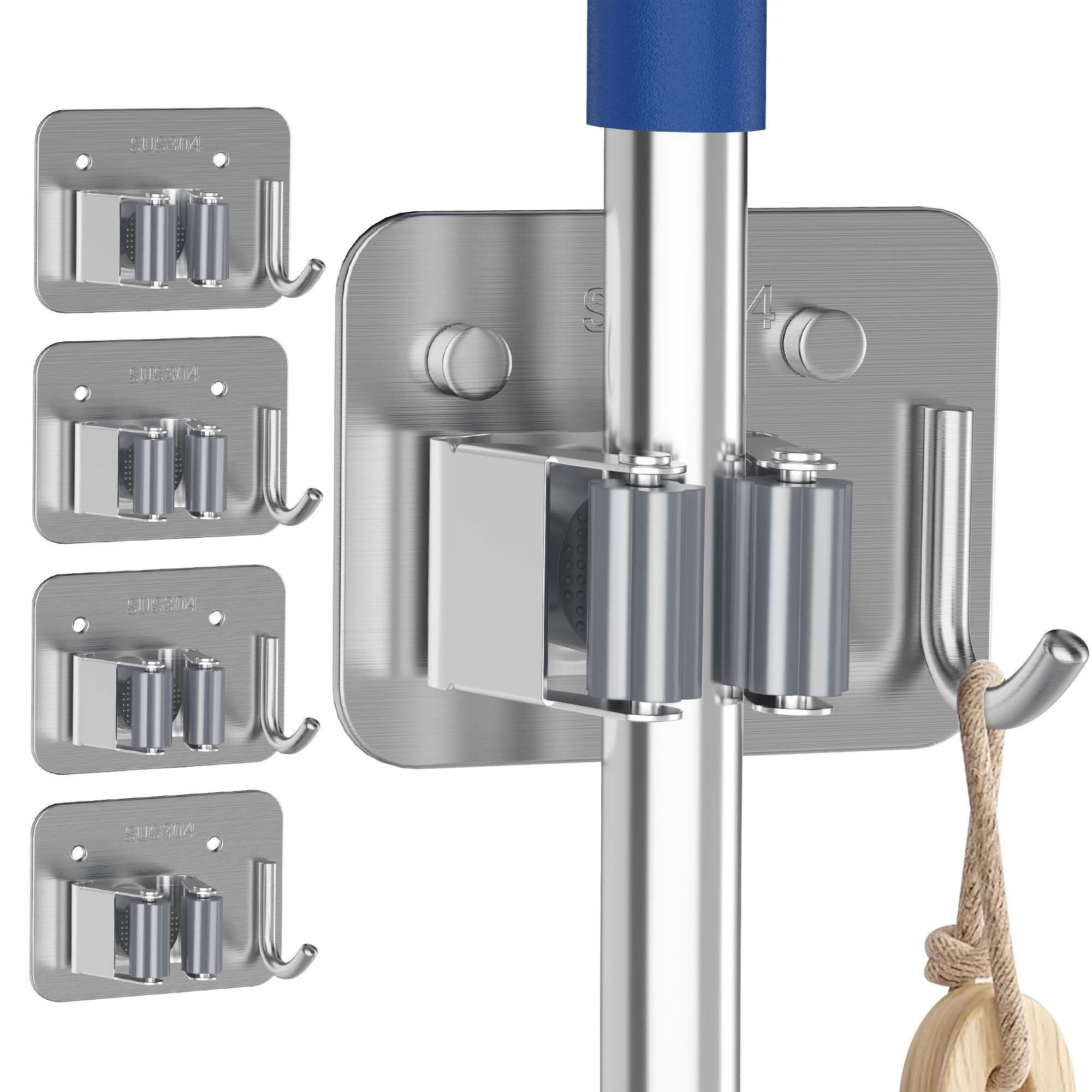 XCIXCI 4-pack stainless steel mop and broom holder on wall for clutter-free storage