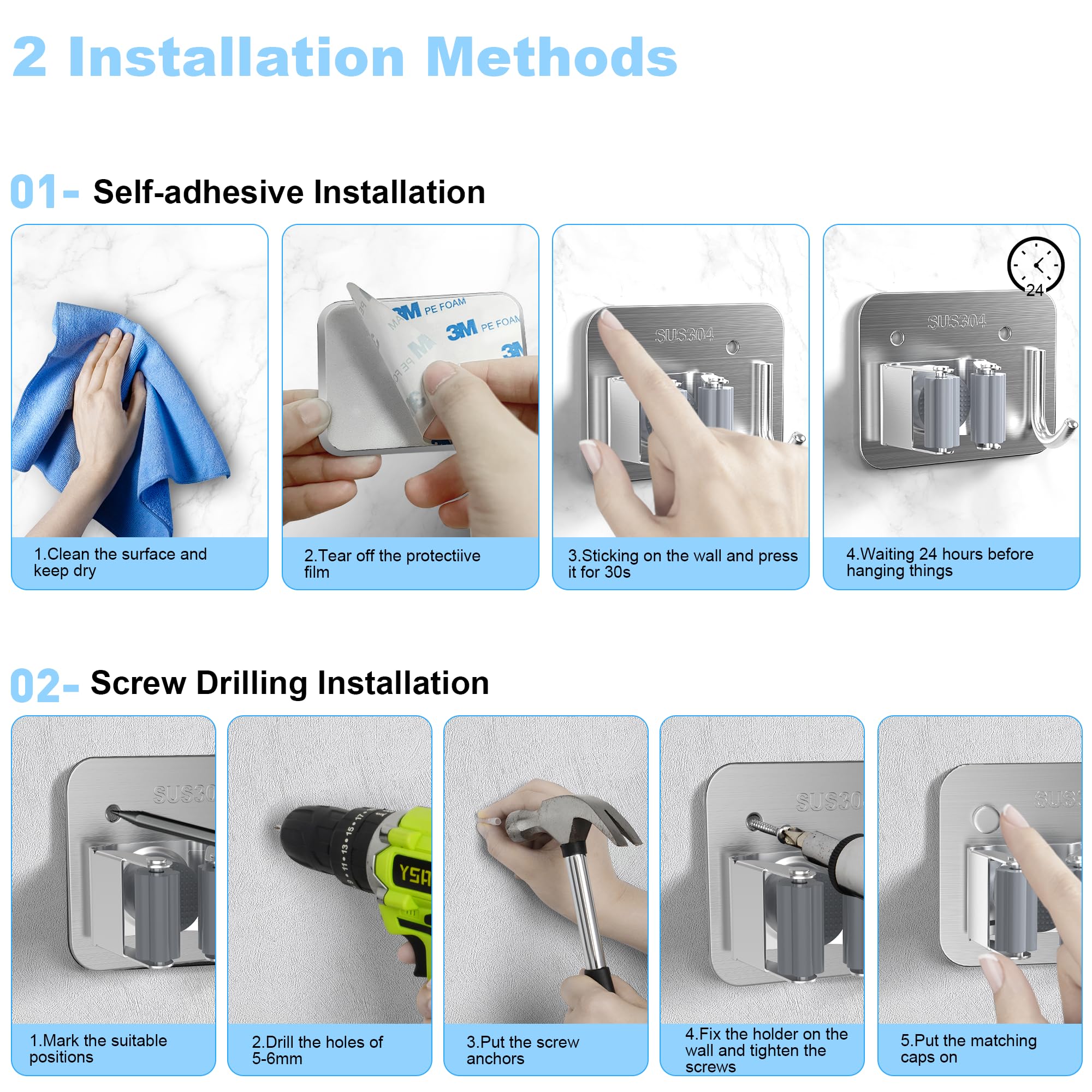XCIXCI mop holder with self-adhesive backing keeps walls damage-free and easy to relocate