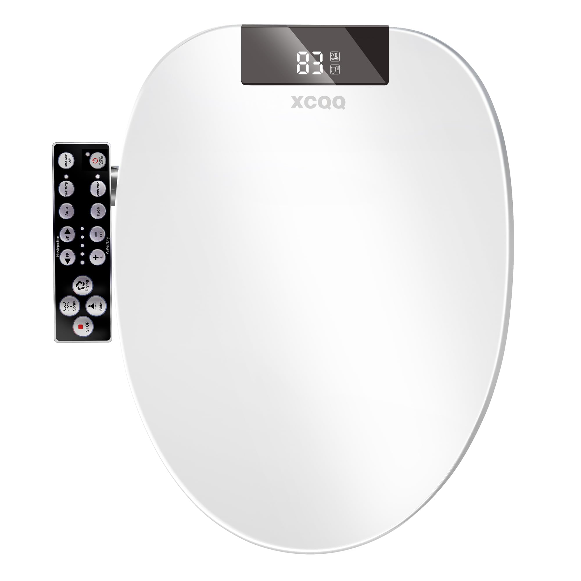XCQQ electric heated bidet seat with side panel display offers precise control and comfort.
