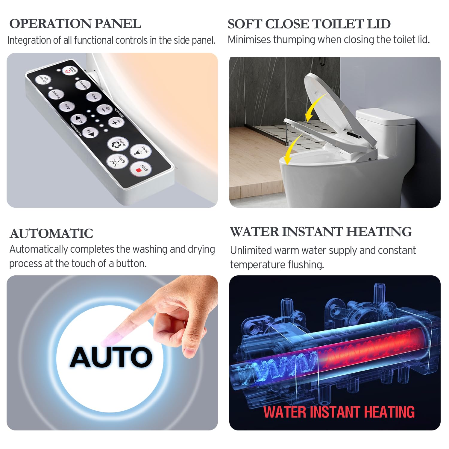 XCQQ electric heated bidet seat soft close lid prevents slamming.