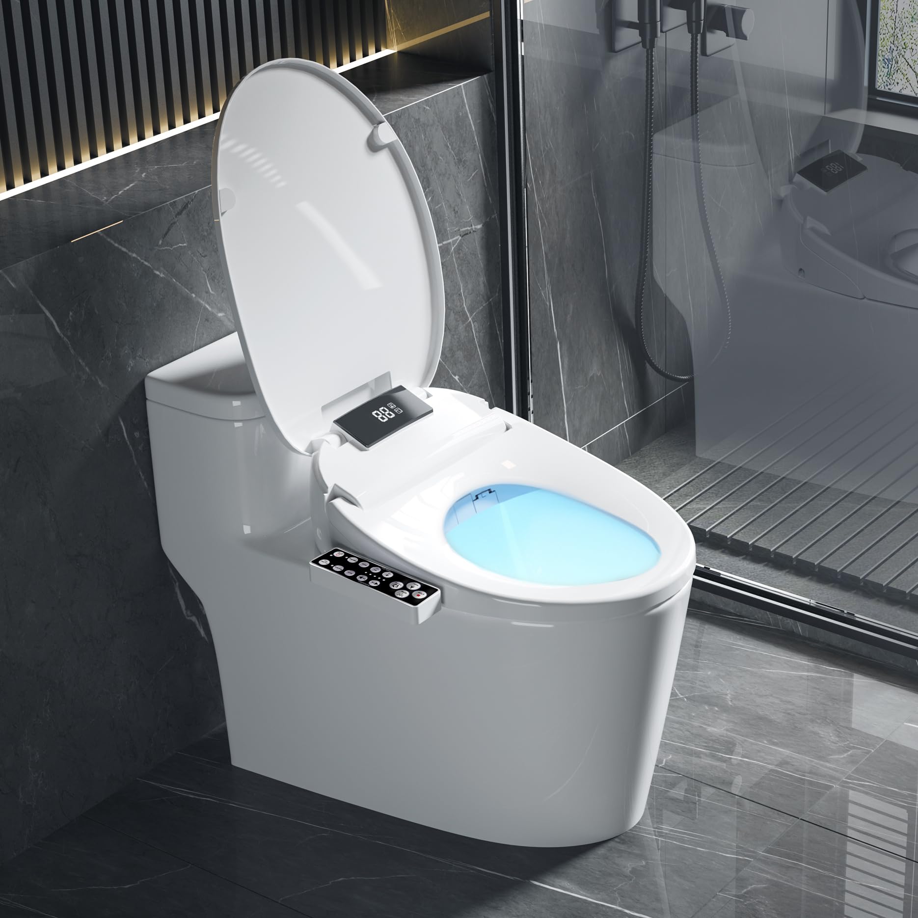 XCQQ electric heated bidet seat warm water wash demonstrates customizable cleansing options.