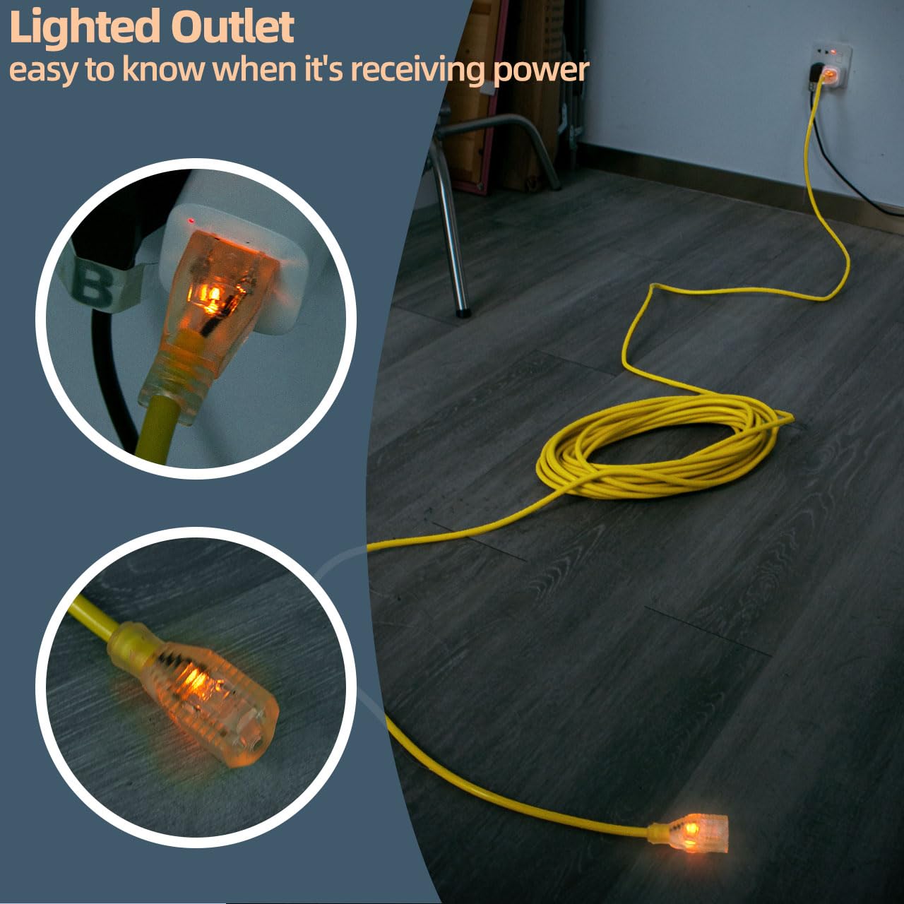 XCWT yellow cord ends illuminate to indicate power during use.