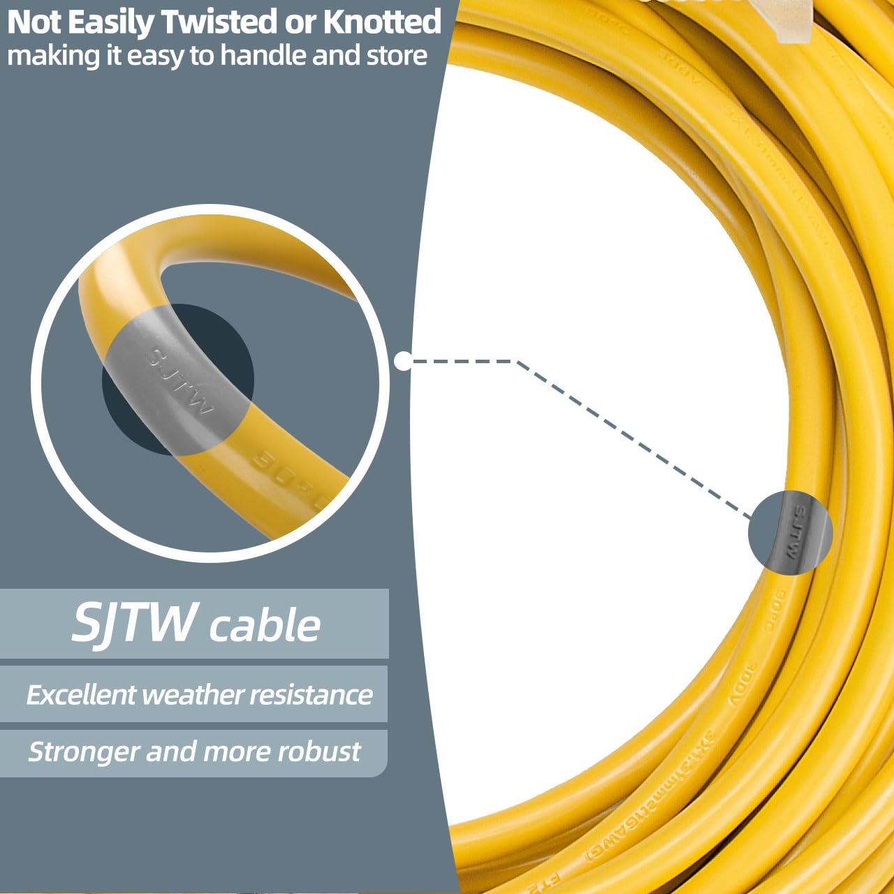 XCWT heavy-duty extension cord resists twisting for easy storage.