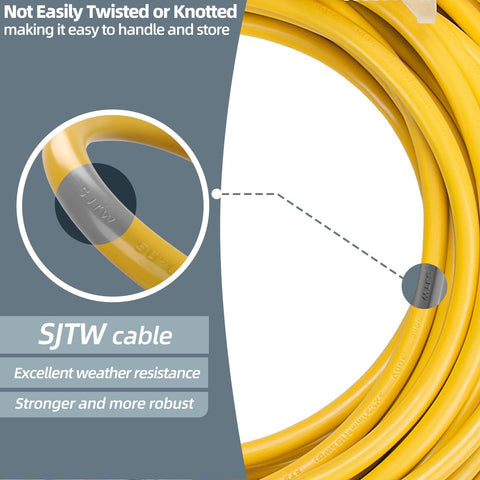 XCWT heavy-duty extension cord resists twisting for easy storage.