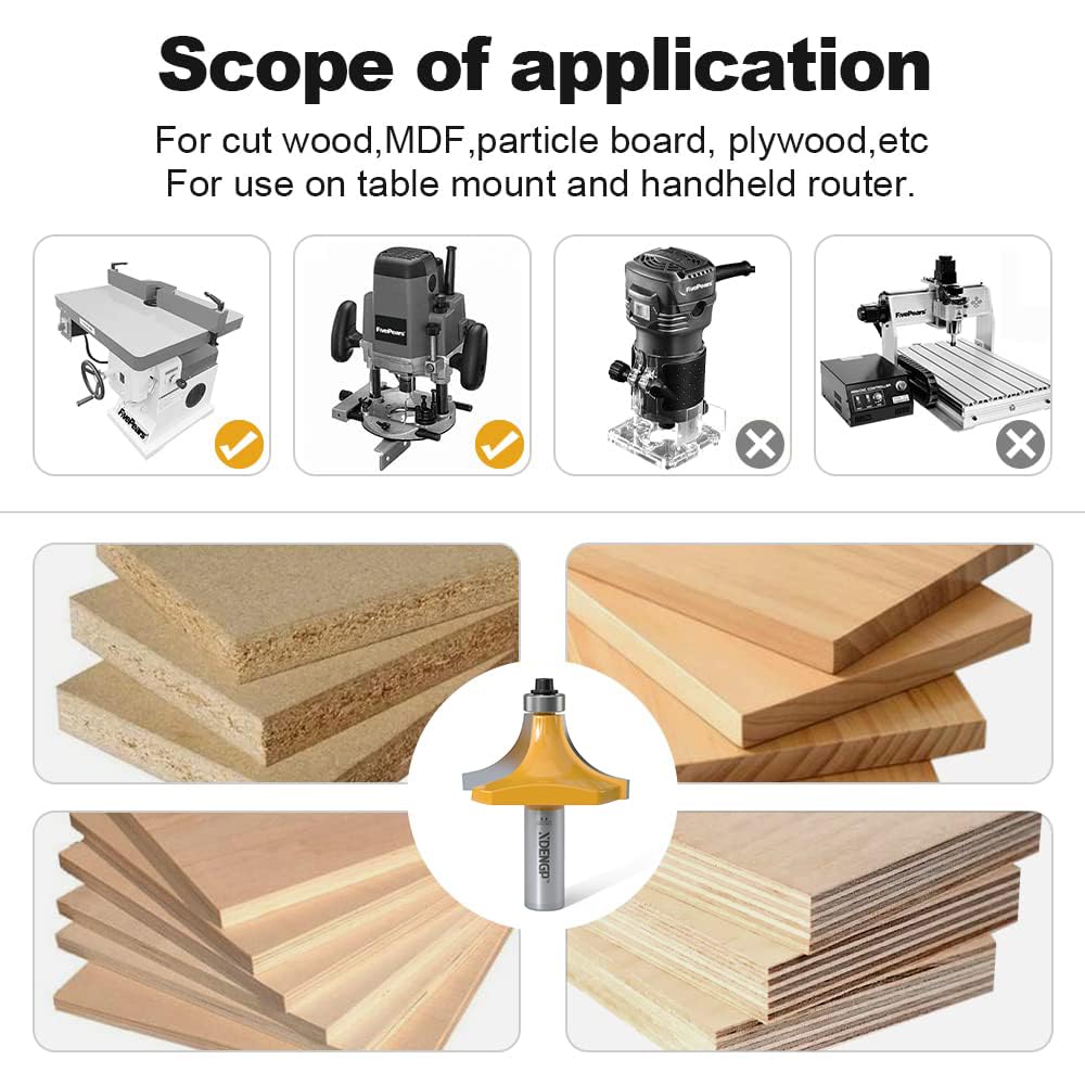 XDENGP roundover bit with 1/2-inch radius for substantial, smooth edging on thick panels