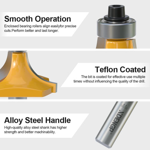 XDENGP roundover bit with 5/16-inch radius adds gentle curves to cabinet edges