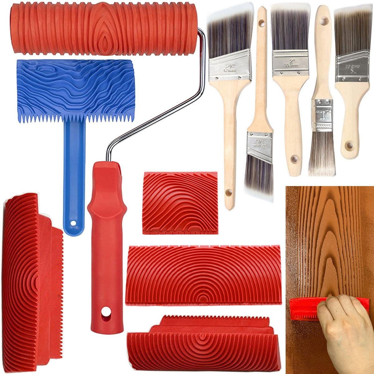 XDONEF wood grain roller 7-inch for realistic wood patterns on walls and furniture.