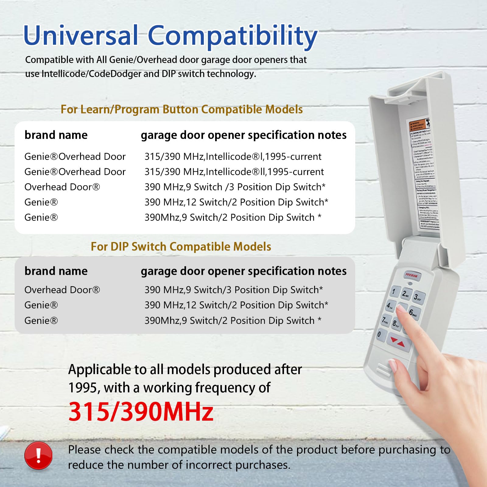 XDTKML Genie Keypad back panel shows easy installation for Intellicode and DIP switch systems