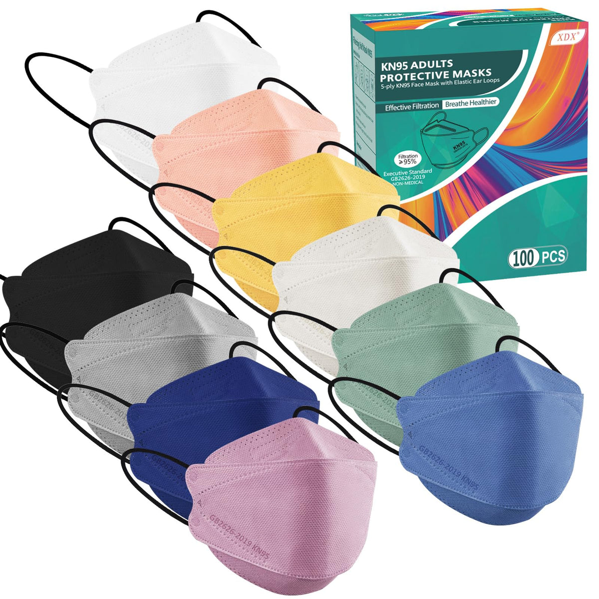 XDX KN95 100-pack packaging shows convenient, portable masks for daily protection on the go.