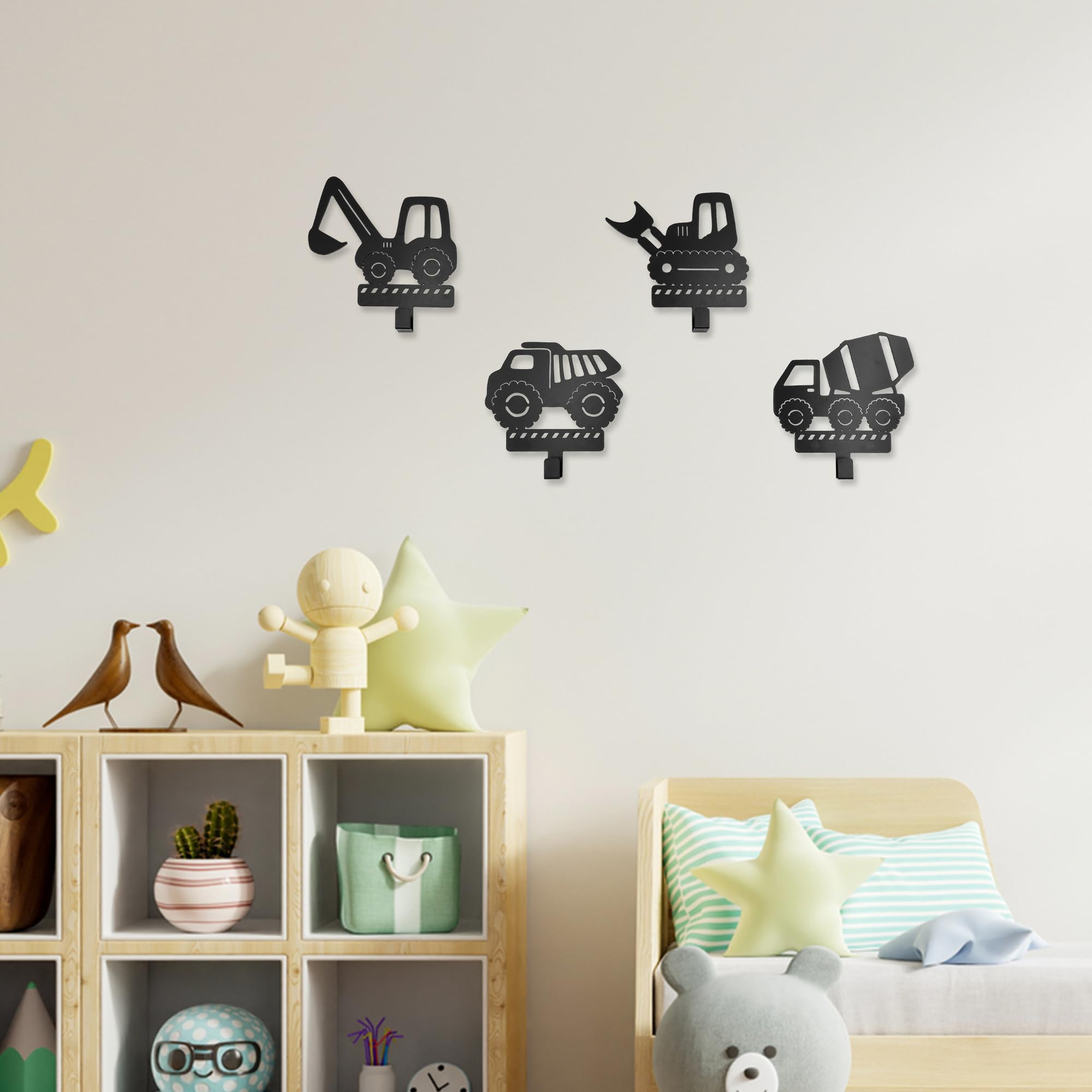 Xedatric backhoe silhouette hook adds practical playroom storage.