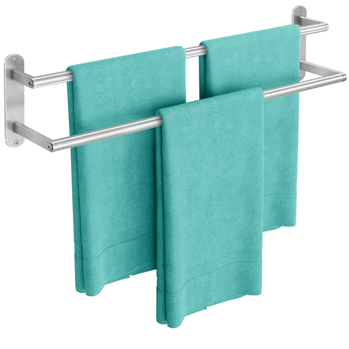 XEENEW double towel bar in brushed nickel for spacious towel storage.