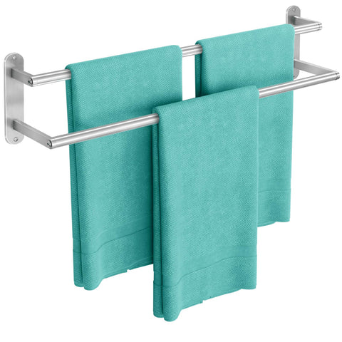 XEENEW double towel bar in brushed nickel for spacious towel storage.