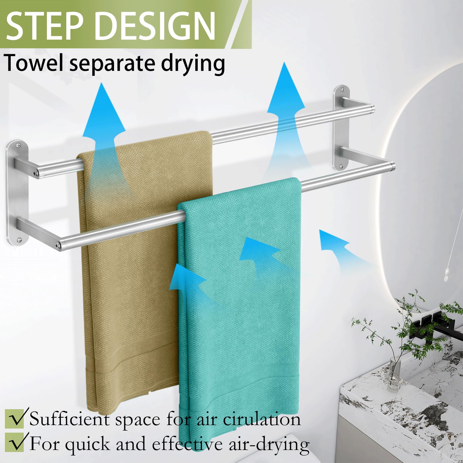 XEENEW stainless steel towel holder in brushed nickel resists moisture.