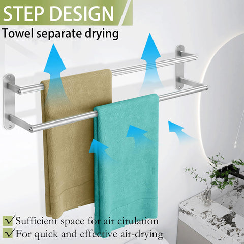 XEENEW stainless steel towel holder in brushed nickel resists moisture.