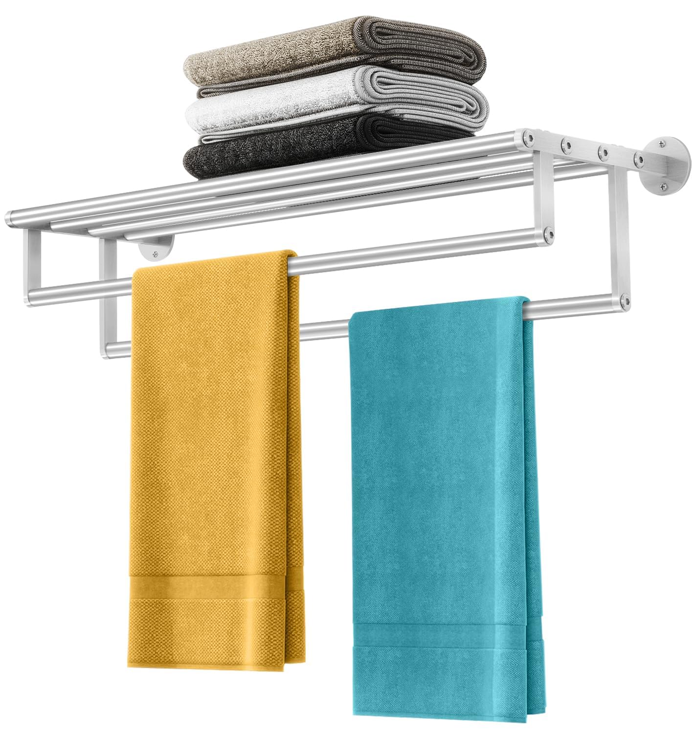XEENEW double towel rack with shelf in brushed nickel keeps towels neatly organized and accessible.