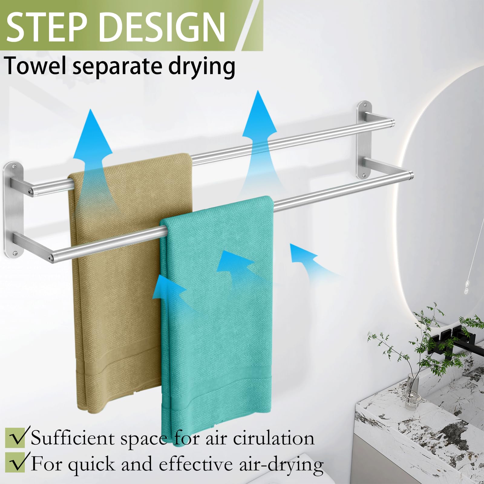 XEENEW wall-mount towel rack provides sturdy support with screws for safety.