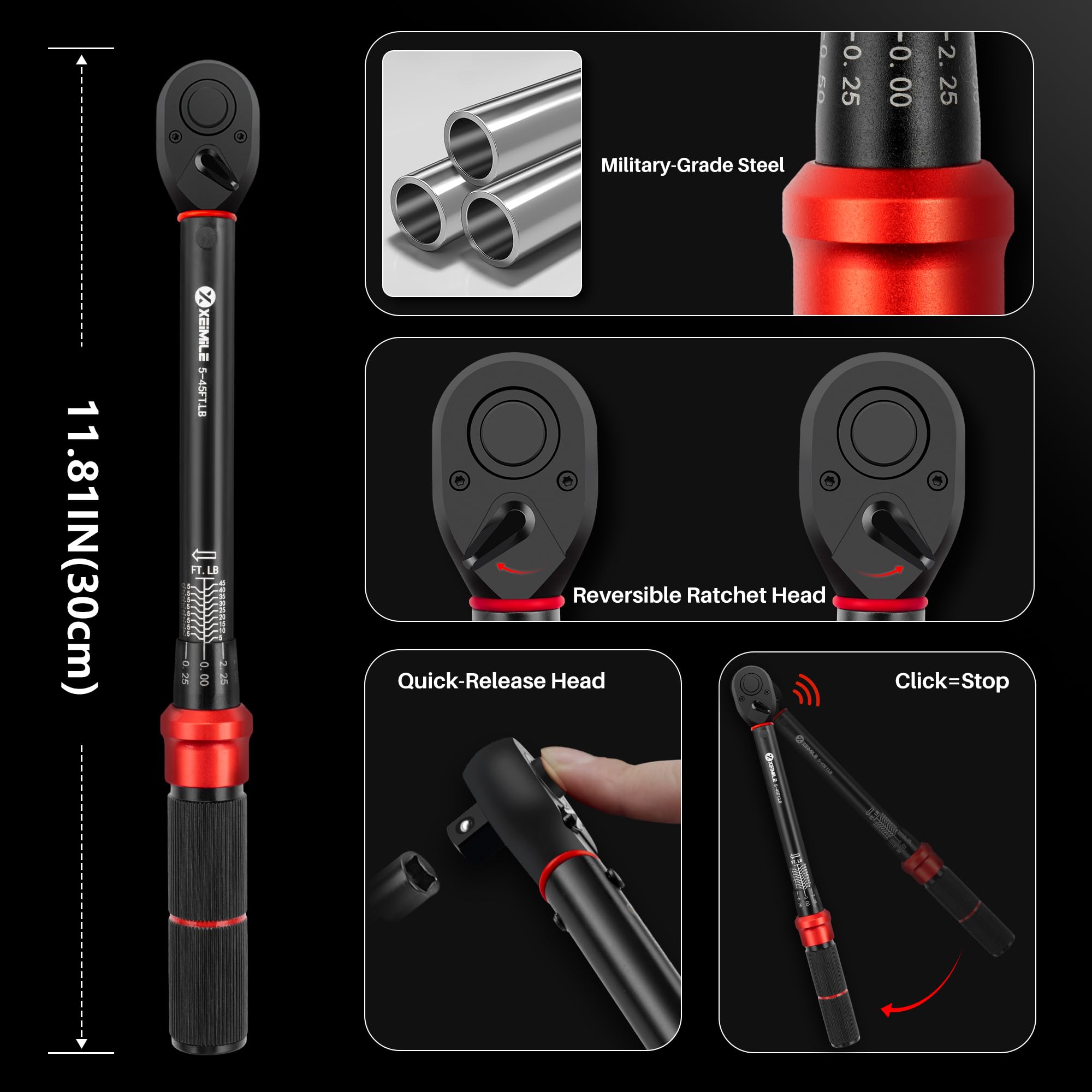 XEIMILE 72-tooth ratchet delivers smooth clicks for accurate tightening.